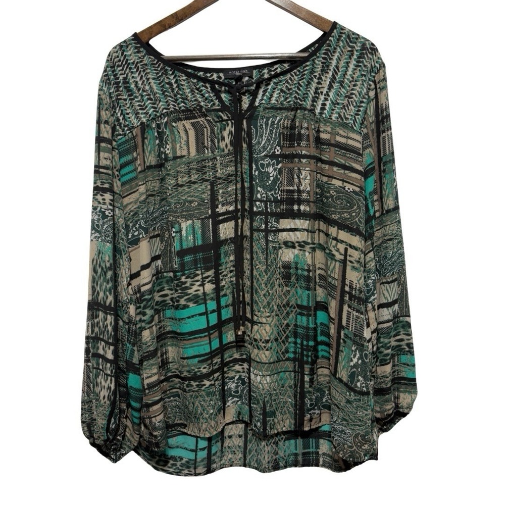 Notations Blouse Womens 2X Black Green Grunge Balloon Sleeve Lightweight Top